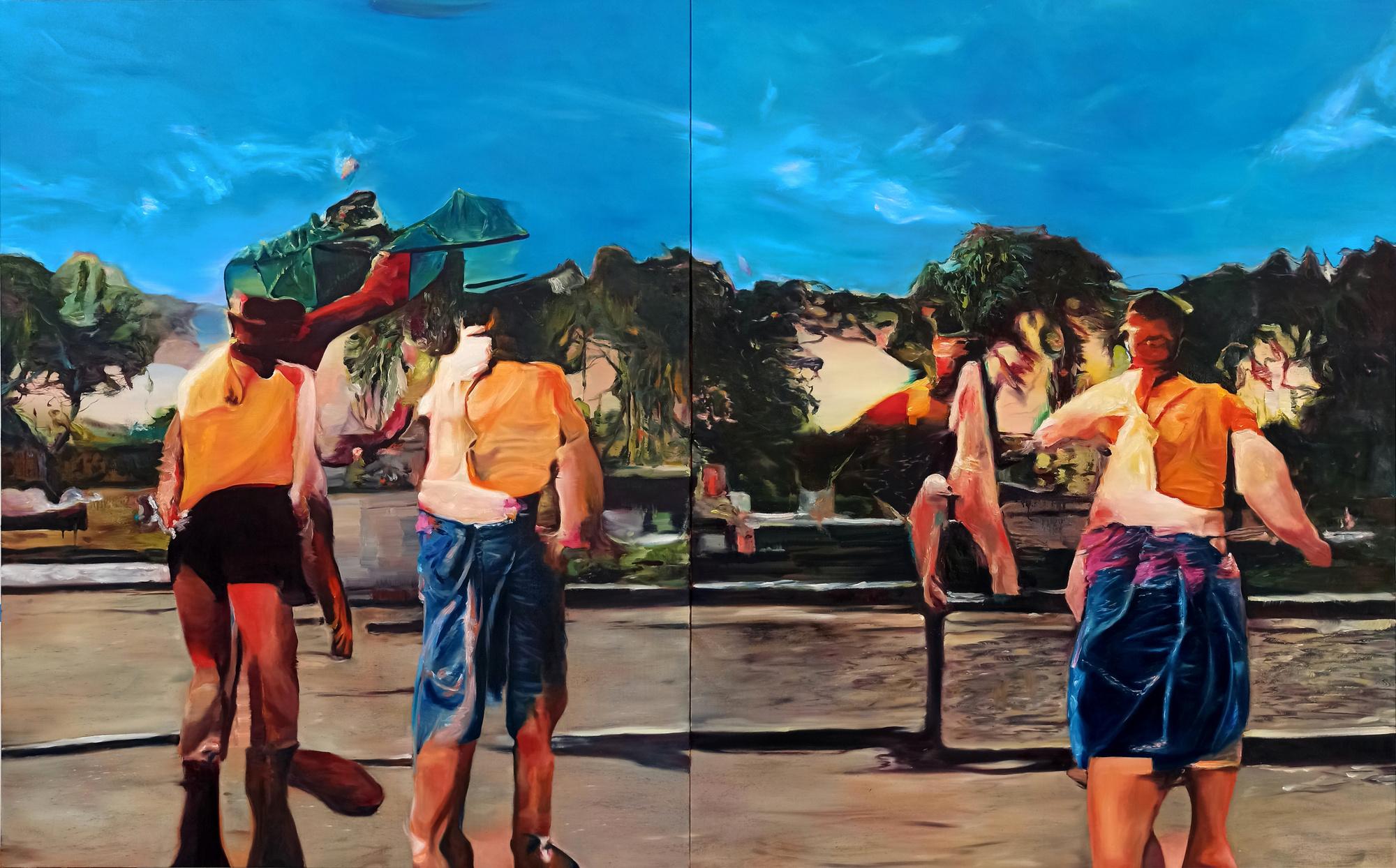 Trois figures dans un paysage, ou l'altération du monde, 2024. Huile sur toile, 162x260cm. © Juliano Caldeira, ADAGP, 2024.